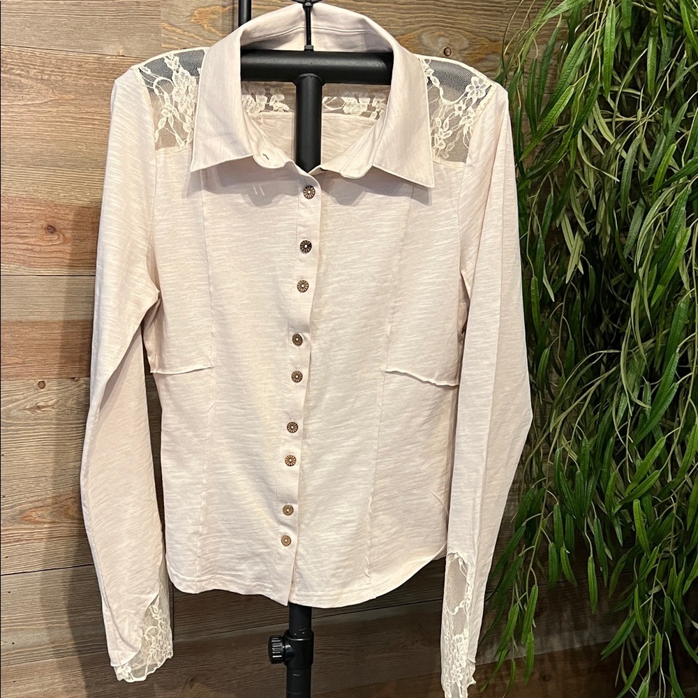 Elegant Lace Trim Button-Up Knit Blouse